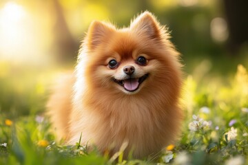 Obraz premium Vivid DSLR photo of Pomeranian with fluffy orangered coat in sunny meadow