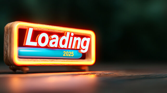 Neon Loading Bar: 2025 is almost here!  A vibrant 3D render of a futuristic loading screen, anticipation builds for the new year.