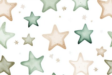 Seamless watercolor pattern of cute green and beige stars on a white background ideal for children s room decor playful design elements