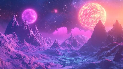 Fototapeta premium Vibrant Digital Painting: Dreamlike Alien Landscape with Glowing Planets. AI Generated
