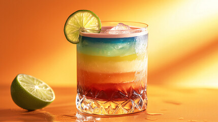 A cocktail glass with a colorful layered drink, garnished with a lime slice, on a bright orange background.