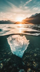 iceberg floating in clear ocean water under glowing sunlight, isolated serene background, symbolic representation of nature's grandeur and isolation, tranquil focus