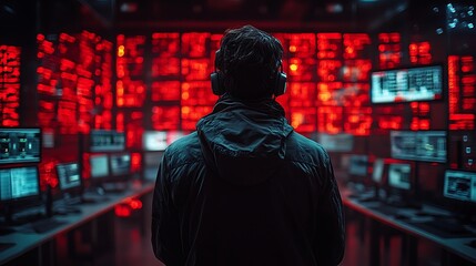 Person stands before a wall of glowing computer screens