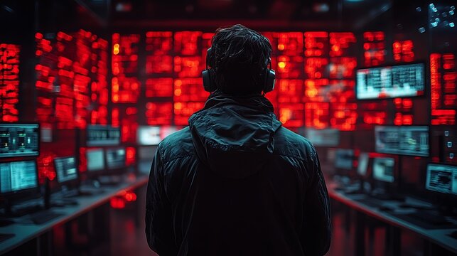 Person stands before a wall of glowing computer screens