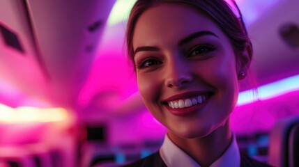 Close-up of flight attendant welcoming passengers, vibrant cabin lighting, elegant uniform and warm smile