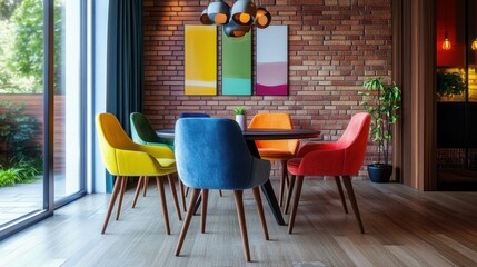 modern dining area with colorful chairs and vibrant decor, cheerful and stylish, focus on functionality and bold design, inviting and dynamic atmosphere