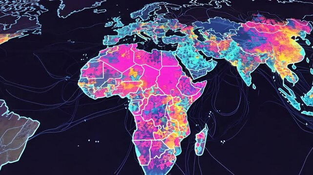 Colorful map displaying global data visualizations with an emphasis on Africa