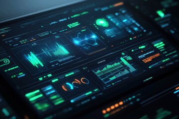 Obraz premium Futuristic digital interface displaying data analytics and visualizations.