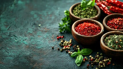 Fototapeta premium Assorted spices in bowls on a turquoise surface