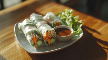 plate of fresh spring rolls with dipping sauce on wooden table, vibrant healthy food photography, artistic clean composition