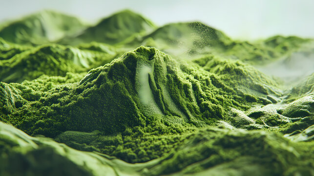 A textured swirl of verdant powder creates a miniature mountain landscape, highlighting the natural vibrancy of this superfood ingredient. Verdantine. Illustration