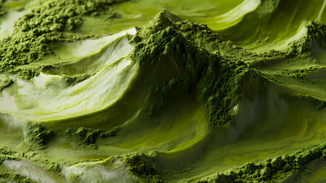 A textured swirl of verdant powder creates a miniature mountain landscape, highlighting the natural vibrancy of this superfood ingredient. Verdantine. Illustration