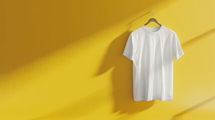 Minimalist white T-shirt hanging against a bold yellow wall