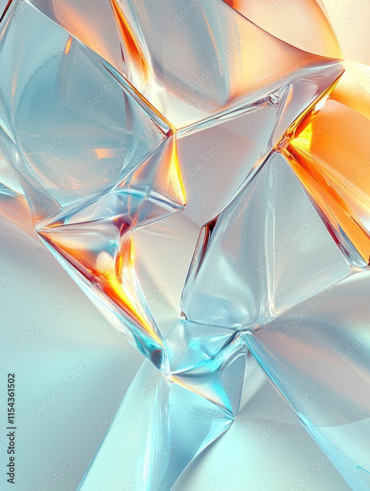 Poster Abstract 3D design showcasing complex geometric shapes with reflective surfaces and dynamic light play in vibrant colors. Generative AI