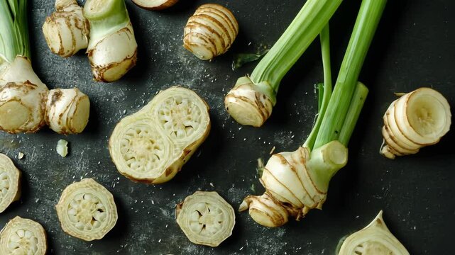 Freshly harvested celery root displayed on a dark surface in various cut shapes and sizes