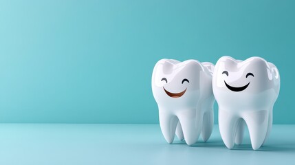 Two cartoon teeth with happy faces and shiny surface are smiling on a bright turquoise background, creating a playful and cheerful dental image.