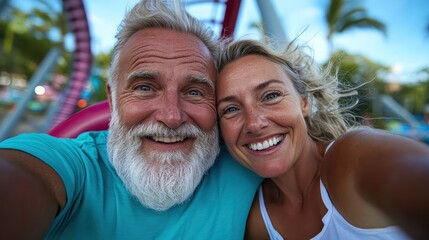 A cheerful couple poses for a selfie with a roller coaster in the background, their smiles and joyful expressions capturing the essence of fun and shared adventure.