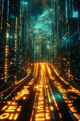 Digital Cityscape: glowing data streams and towering structures.
