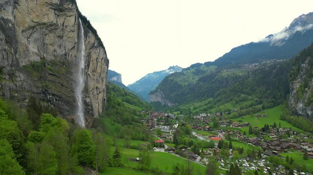 Aerial view of the famous village of Lauterbrunnen, Switserland