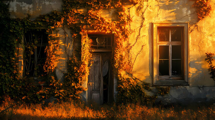 A forgotten facade, overgrown with verdant vines, bathed in the warm glow of a golden sunset, whispers tales of a bygone era. Verdantine. Illustration