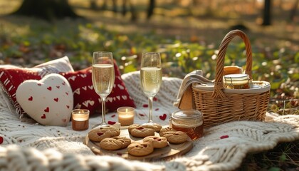 Romantic picnic setup with cozy decor and refreshments