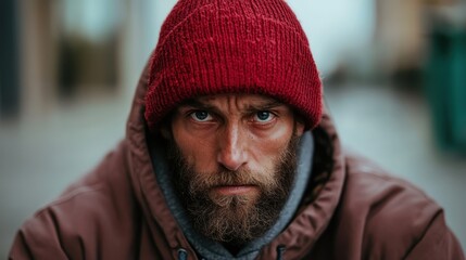 A serious man with piercing eyes wears a red knitted hat and a brown hoodie as he intensely gazes outwards, embodying focus and determination.
