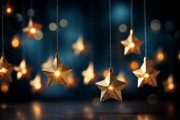 Elegant christmas and new year banner featuring gold stars and shimmering bokeh on dark blue