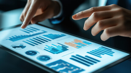 Business Intelligence Professional Using a Sleek Dashboard to Monitor Key Metrics and Trends Across Sales, Marketing, and Technology Performance