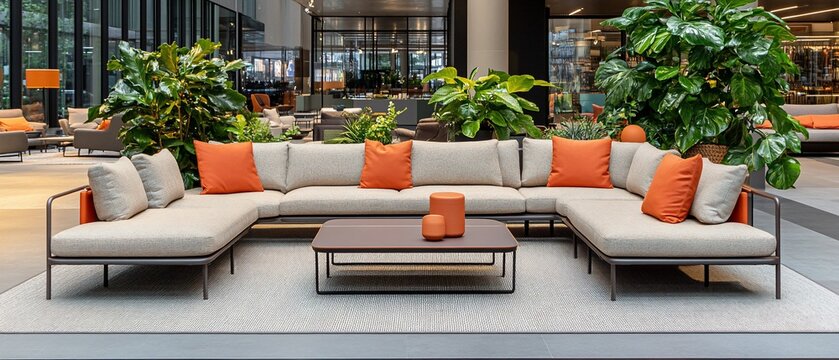 Modern sectional sofa with orange pillows in a contemporary lobby.