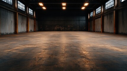 A rustic industrial warehouse interior exuding elegance with high ceilings, earthy tones, and an open floor plan, illuminated by overhead lighting casting soft shadows.