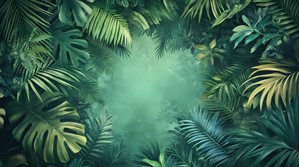 A lush canopy of tropical foliage, creating a verdant frame around a serene green background, evoking tranquility and nature's embrace. Verdantine. Illustration
