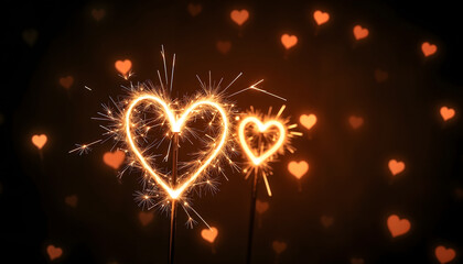 Heart-shaped sparklers glowing against a dark background for the celebration