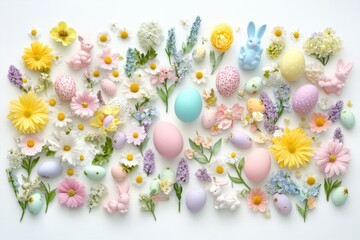 Beautiful springtime arrangement of pastel eggs, flowers, and bunnies for Easter celebration