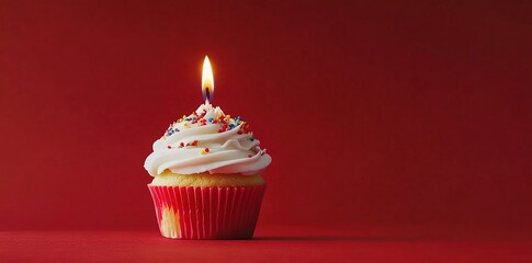 A cupcake with white frosting and colorful sprinkles, topped with one lit birthday candle on a red background