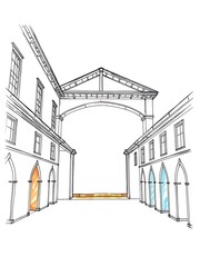 Elegant Hand-Drawn Sketch: Historic Courtyard Architecture. AI Generated