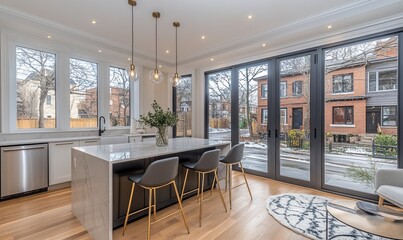 Fototapeta premium Modern kitchen with island, white cabinets, and large glass doors leading to backyard.