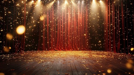 A red curtain on the stage is surrounded by golden confetti, creating an atmosphere of celebration and triumph.