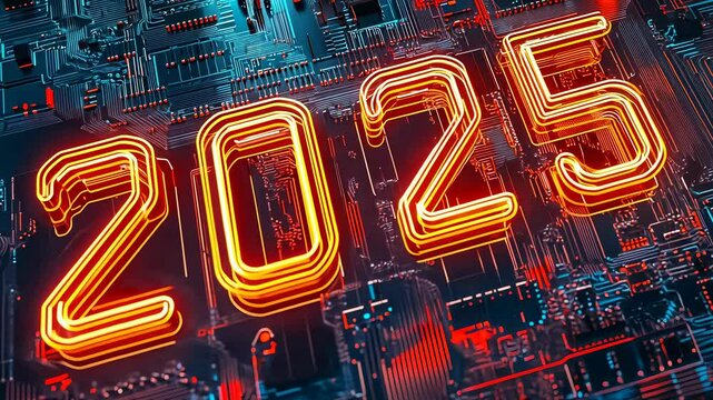 A dynamic and vibrant image showcasing the year "2025" in neon lights, nestled within an intricate circuit board. The colors evoke a tech-savvy mood, suggesting innovation and progress.