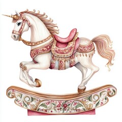 Whimsical rocking horse from the Nutcracker ballet, beautifully illustrated in watercolor style against an isolated white background, perfect for holiday themes and decor 