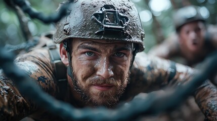Obraz premium A bearded soldier pushes his limits crawling under wire in rigorous muddy training, displaying determination, resilience, and a strong will to succeed in challenging conditions.