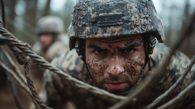 A determined soldier, covered in mud, crawls through a challenging obstacle course, focusing intently on his goal while showcasing grit and perseverance.