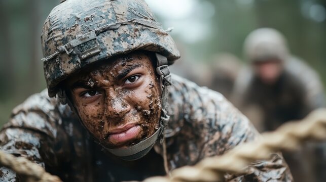 A mud-covered soldier grips a rope tightly, climbing with relentless determination and strength during a rigorous and challenging outdoor military training exercise.