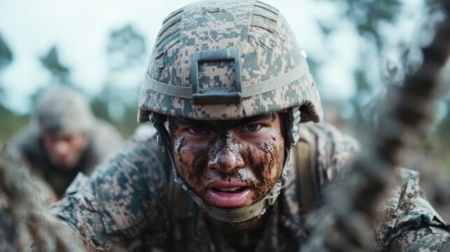 A young trainee pushes their limits while crawling through the mud during a military drill, demonstrating relentless effort in an immersive and demanding setting.