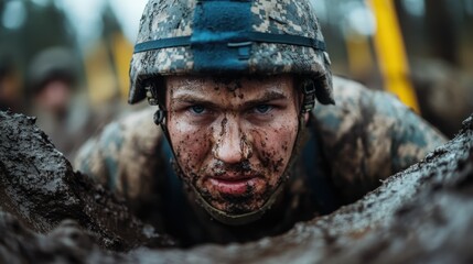 A soldier fiercely navigates a muddy obstacle course, showcasing their unwavering focus and determination in a demanding outdoor military training environment.