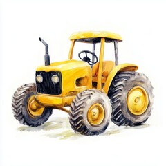 Yellow watercolor tractor on a white background, bright and playful, ideal for children's room decor or farming-themed designs.