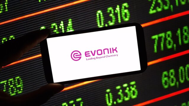 Konskie, Poland - December 24, 2024: Evonik Industries company logo displayed on mobile phone