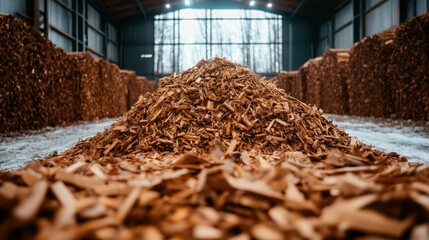 A large pile of woodchips is seen in the foreground of an industrial warehouse, with neatly stacked wood piles in the background, under a metallic roof.