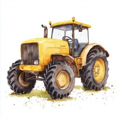 Yellow watercolor tractor on a white background, bright and playful, ideal for children's room decor or farming-themed designs.