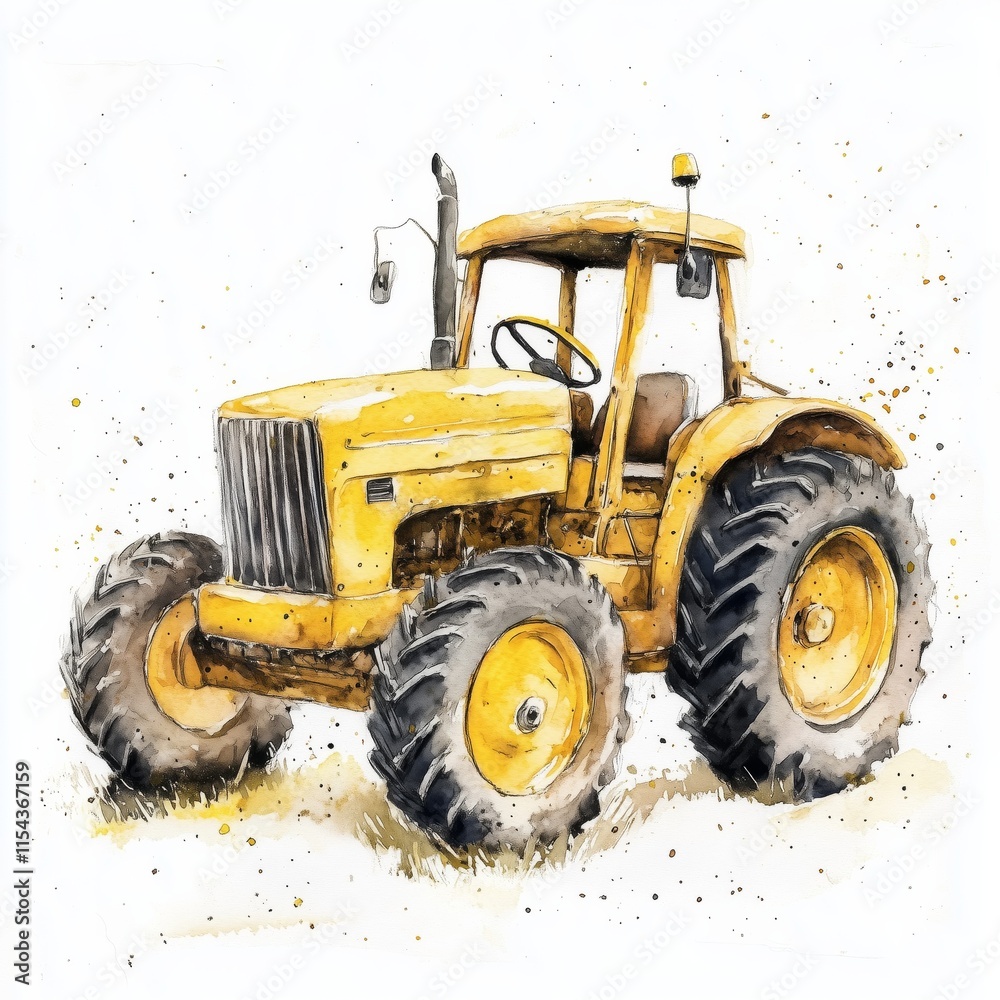 Canvas Prints Yellow watercolor tractor on a white background, bright and playful, ideal for children's room decor or farming-themed designs.