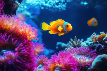 Obraz premium Colorful clownfish swimming among vibrant coral in a lively aquarium environment
